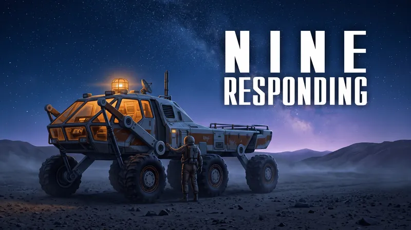 A six-wheeled rover with an amber beacon and a person in a spacesuit on a night plain under a starry sky